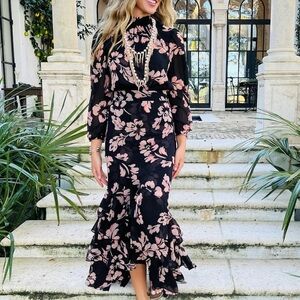 NWOT MISA Los Angeles Aubrey Maxi Dress in Auric Floral Black Pink XS
